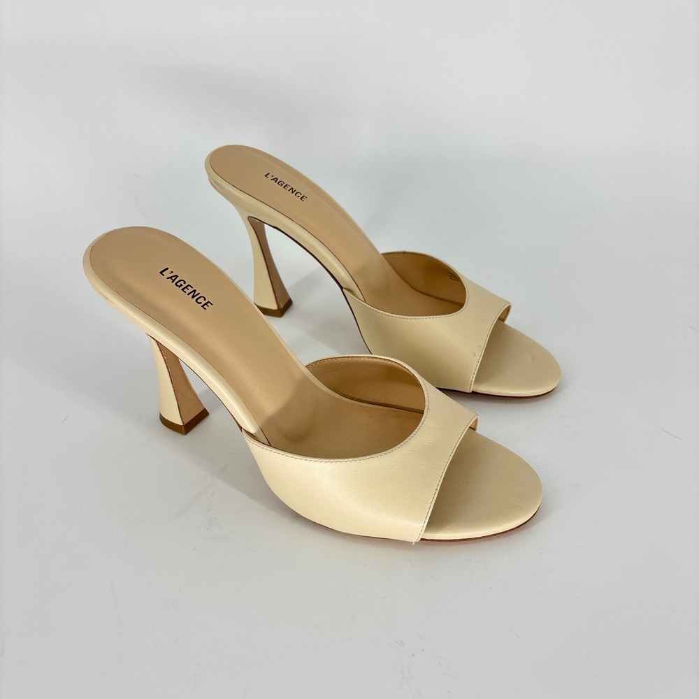 L'Agence Avery Leather Open-Toe Mules Beige Women Size 10 High Heel Slide Sandal